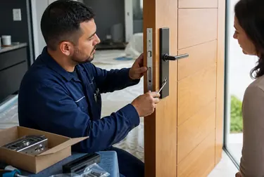 Instalação de fechadura nova em uma porta feita por chaveiro em Volta Redonda.