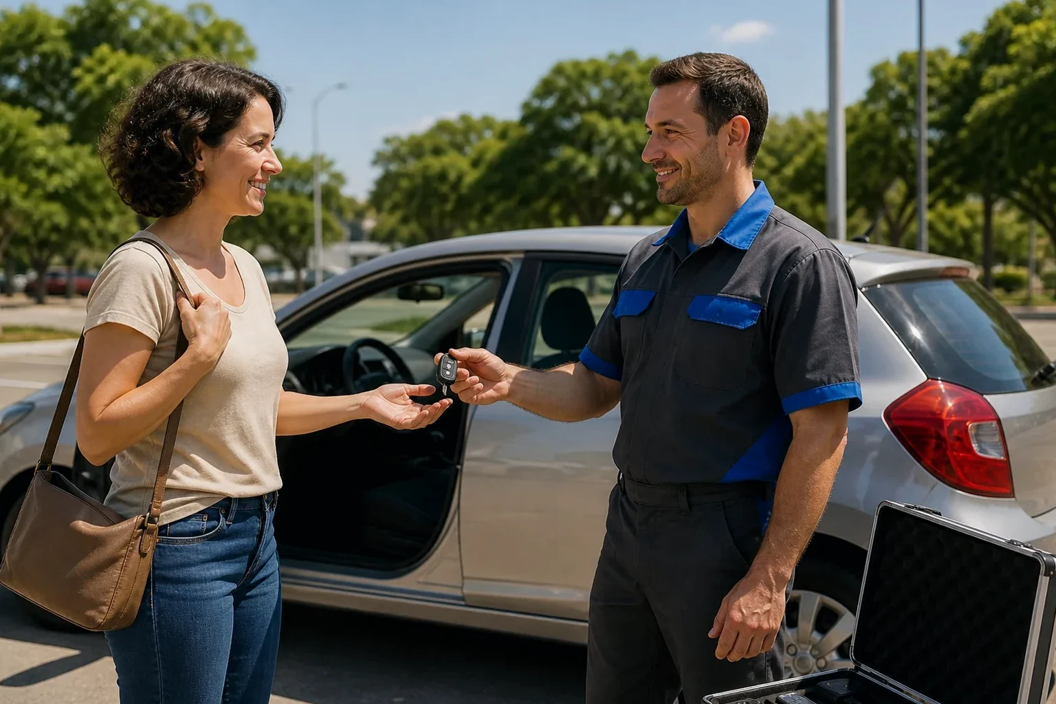 Profissional de chaveiro abrindo um carro usando equipamentos especializados em Volta Redonda.